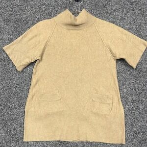 Organic 100% Cashmere Mock Neck Short Sleeve Sweater Tan Camel Small Pockets
